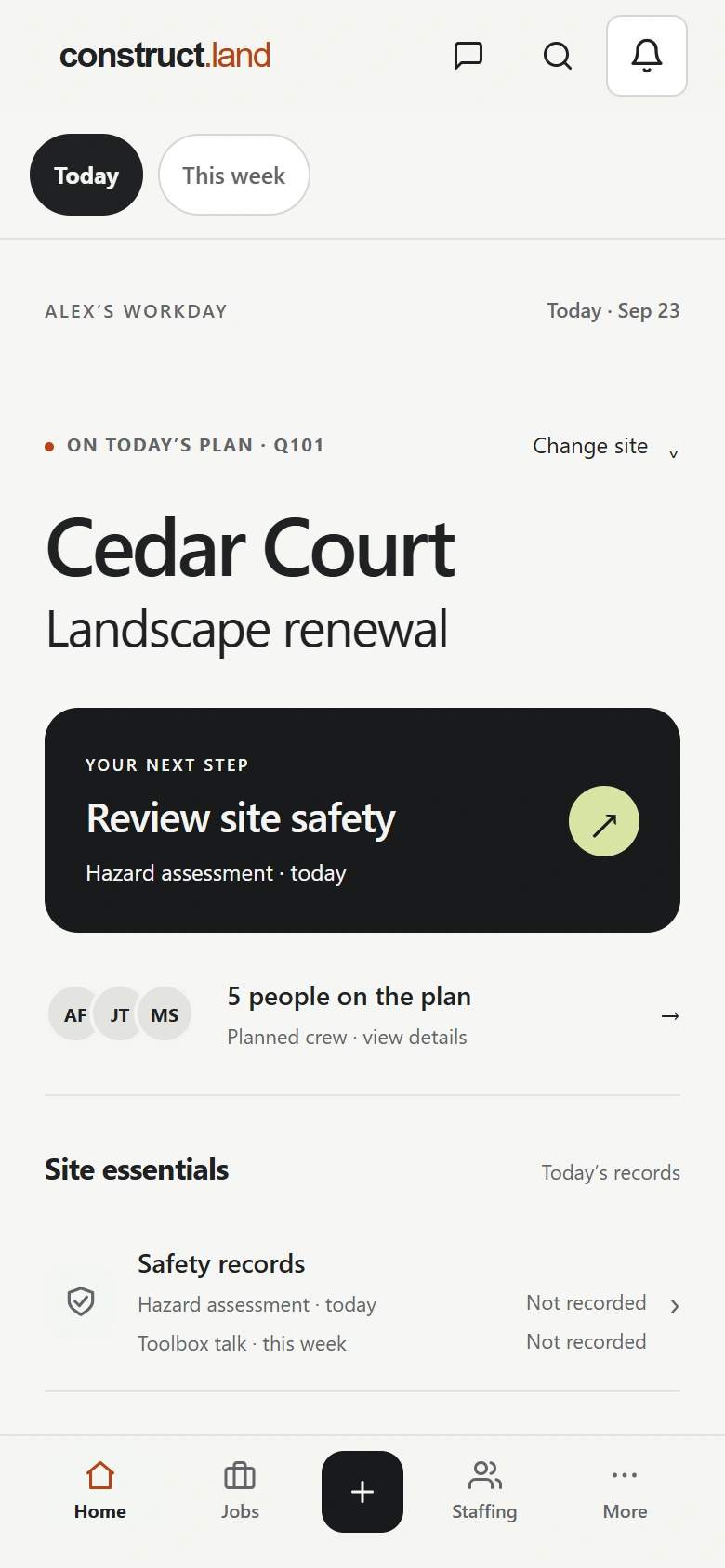 Real foreman phone interface with Cedar Court site, planned crew, safety and site essentials.