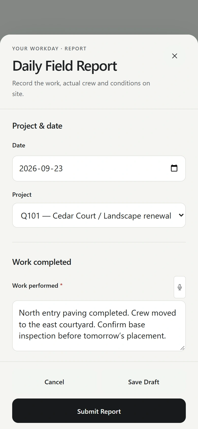 Actual daily field report form on a phone, with illustrative site notes entered.